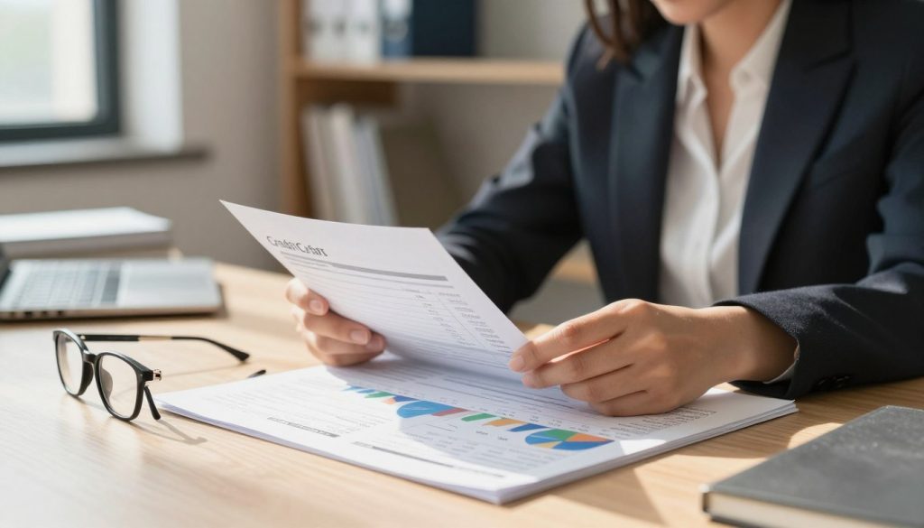A close-up view of a cluttered desk in a modern office setting. In the foreground, there is an open credit report with detailed graphs and numbers, accompanied by a pair of reading glasses. The middle ground features a professional businessperson, a woman in a smart blazer, thoughtfully examining the report. Soft natural light filters through a nearby window, casting gentle shadows that create a warm, inviting atmosphere. In the background, shelves filled with books on finance and personal development are slightly blurred to emphasize the foreground elements. The overall mood conveys a sense of motivation and empowerment, illustrating the importance of understanding credit reports. The lens perspective is a shallow depth of field to focus on the desk and the professional’s engagement with the report. A close-up view of a cluttered desk in a modern office setting. In the foreground, there is an open credit report with detailed graphs and numbers, accompanied by a pair of reading glasses. The middle ground features a professional businessperson, a woman in a smart blazer, thoughtfully examining the report. Soft natural light filters through a nearby window, casting gentle shadows that create a warm, inviting atmosphere. In the background, shelves filled with books on finance and personal development are slightly blurred to emphasize the foreground elements. The overall mood conveys a sense of motivation and empowerment, illustrating the importance of understanding credit reports. The lens perspective is a shallow depth of field to focus on the desk and the professional’s engagement with the report.