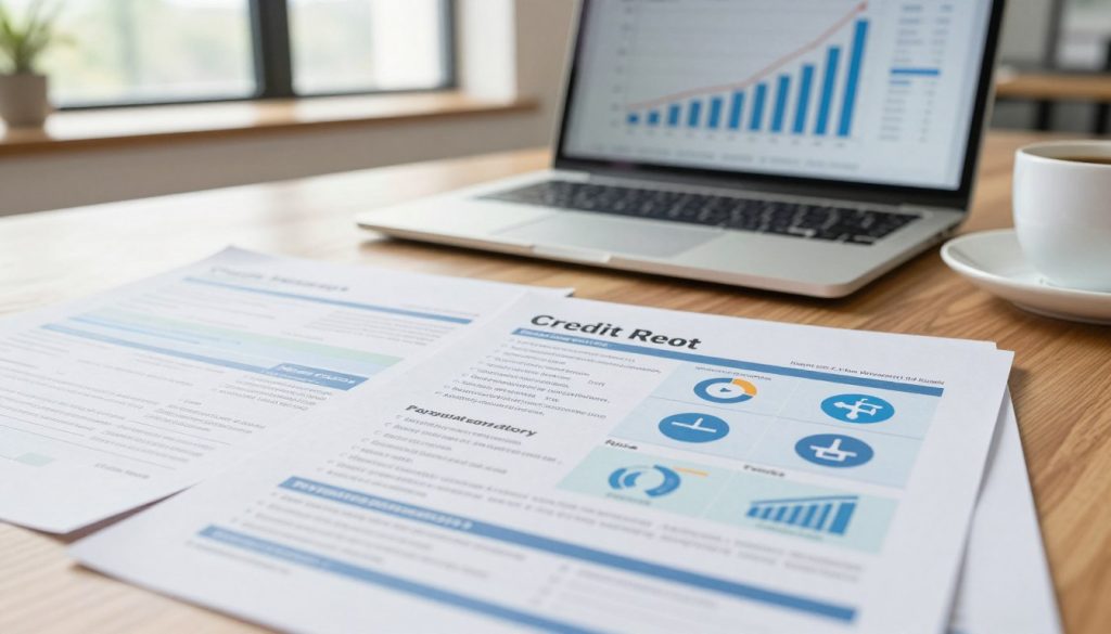 A detailed and informative depiction of a credit report's key components, featuring an elegant spread of documents on a wooden desk in a well-lit modern office environment. In the foreground, a close-up of a credit report displaying sections like personal information, credit accounts, payment history, and inquiries, with clear, clean graphics and icons for each component. The middle ground includes a laptop with financial graphs on the screen and a coffee cup beside it, enhancing a professional atmosphere. Soft, natural lighting filters through a window in the background, illuminating the scene and creating a sense of clarity and focus. The mood is informative and inviting, perfect for an educational setting. The overall composition is balanced, emphasizing organization and professionalism. A detailed and informative depiction of a credit report's key components, featuring an elegant spread of documents on a wooden desk in a well-lit modern office environment. In the foreground, a close-up of a credit report displaying sections like personal information, credit accounts, payment history, and inquiries, with clear, clean graphics and icons for each component. The middle ground includes a laptop with financial graphs on the screen and a coffee cup beside it, enhancing a professional atmosphere. Soft, natural lighting filters through a window in the background, illuminating the scene and creating a sense of clarity and focus. The mood is informative and inviting, perfect for an educational setting. The overall composition is balanced, emphasizing organization and professionalism.