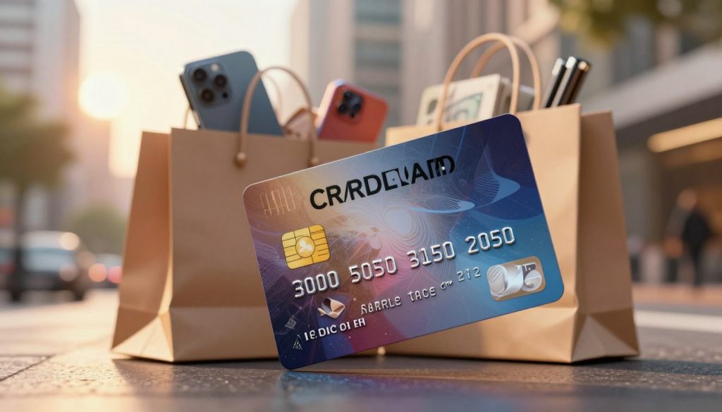 A dynamic scene featuring a sleek, modern credit card prominently displayed in the foreground. The card glimmers, reflecting light with vibrant colors symbolizing rewards, like cash back and travel points. In the middle ground, a stylish shopping bag filled with luxury items like electronics and fashion accessories, hinting at major purchases made with the card. The background showcases a blurred out cityscape, suggesting an urban setting where shopping thrives, bathed in warm, inviting sunset lighting. The atmosphere is energetic and aspirational, with a sense of excitement about rewards and financial savvy. The composition is shot from a slightly elevated angle, creating depth and focusing on the card’s enticing design, creating a professional yet relatable aesthetic.