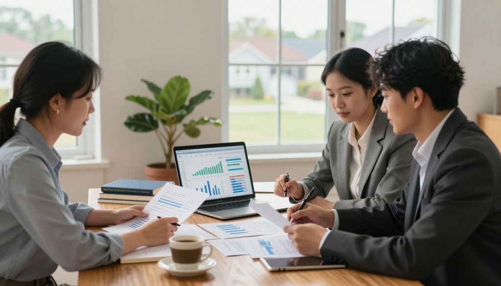 A modern home office setting focused on credit planning for home ownership. In the foreground, a diverse group of three professionals (two men and one woman) in business attire, studying financial documents and charts laid out on a sleek wooden table. In the middle, a laptop displays a spreadsheet with graphs and charts, while financial books and a coffee cup are scattered around. In the background, large windows allow natural light to pour in, illuminating a cozy indoor plant and a view of a suburban neighborhood with houses. The atmosphere is focused and collaborative, reflecting strategic discussions and planning. Use warm lighting for a welcoming ambiance, and employ a shallow depth of field to emphasize the group and their work.
