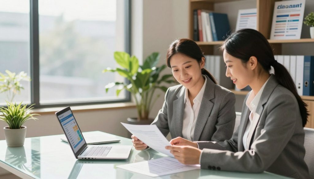 A modern office environment showcasing financing solutions for major purchases. In the foreground, a professional-looking couple in business attire reviews financial documents at a sleek glass table, with a laptop open displaying a loan calculator. In the middle ground, a large window lets in bright, natural light, casting soft shadows. Potted plants add a touch of greenery. In the background, shelves lined with financial books and brochures on credit options further emphasize the theme. The mood is focused and optimistic, with warm lighting to create an inviting atmosphere. The camera angle is slightly elevated, capturing both the couple's expressions and the workspace, encouraging an atmosphere of collaboration and financial empowerment.