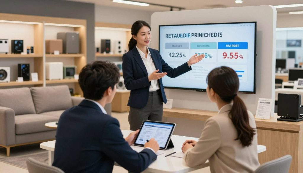 A professional business setting showcasing financing solutions for major purchases. In the foreground, a well-dressed couple sits at a modern table, reviewing a financing plan on a tablet. The middle ground features a confident salesperson in business attire gesturing towards a large electronic display showing attractive financing options and interest rates. The background is a stylish retail environment, with shelves of high-end products like furniture, electronics, and appliances. Soft, focused lighting creates a warm, inviting atmosphere while maintaining a professional tone. The scene is shot from a slightly elevated angle to capture the interaction between the couple and the salesperson, emphasizing the importance of retailer financing and store credit in making big buys.