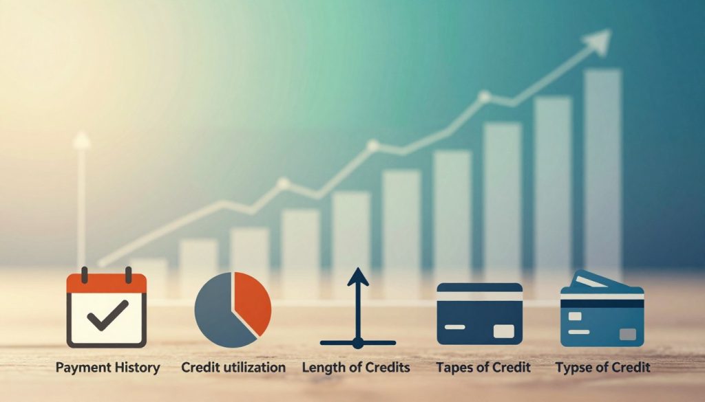 A visually engaging depiction of credit score factors in an abstract yet informative style. In the foreground, illustrated icons representing various factors, such as payment history (a calendar with check marks), credit utilization (a pie chart), length of credit history (a timeline), and types of credit (various credit cards), arranged harmoniously. The middle ground features a semi-transparent bar graph indicating fluctuating credit scores, with warm lighting that creates a professional atmosphere. In the background, a soothing gradient of blues and greens to evoke stability and trust. The image should have a slight depth of field effect, with a focal point on the icons and graph, suggesting a sense of clarity and focus on understanding one’s credit situation. The overall mood is positive and motivational, encouraging the viewer to assess and improve their credit health.