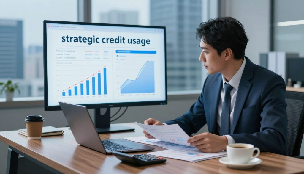 A well-organized office scene illustrating "strategic credit usage." In the foreground, a professional individual dressed in a smart business suit is analyzing financial documents and a laptop on a sleek wooden desk, equipped with a calculator and a cup of coffee. In the middle, a large digital screen displays charts showing credit scores and financial goals, bathed in soft blue lighting to create a calming and focused atmosphere. In the background, large windows reveal a modern city skyline, suggesting progress and ambition. The overall mood is professional and inspirational, emphasizing responsible financial management. The image should be captured from a slightly elevated angle, highlighting the organized workspace while maintaining clarity and detail without any text or logos.