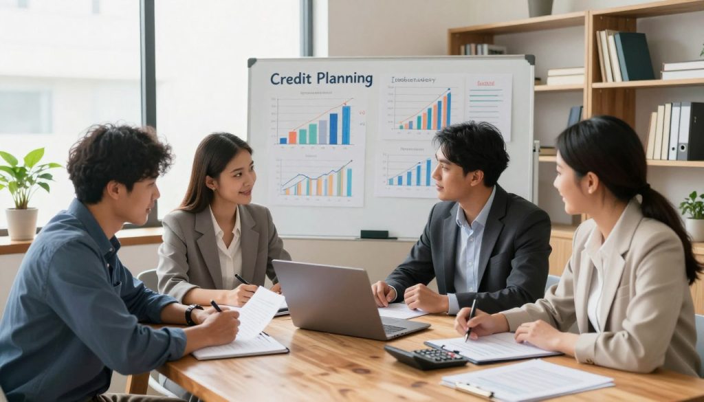 A well-organized office space depicting the balance of credit planning for home and education. In the foreground, a diverse group of three professionals, dressed in smart casual attire, collaborate over a large wooden table filled with documents, a laptop, and a calculator. In the middle, a large whiteboard with neatly written charts and graphs illustrating financial planning strategies for home and education is clearly visible. The background features a bright window allowing natural light to fill the room, highlighting a potted plant and shelves filled with books on finance and education. The overall atmosphere conveys a sense of focus, teamwork, and optimism. The lighting is warm, creating a welcoming and productive environment, captured from a slightly elevated angle to encompass the entire scene.