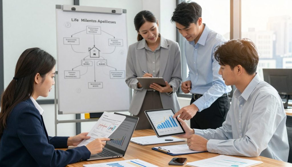 A well-organized workspace features a diverse group of four professionals collaborating on strategic credit applications for major life milestones. In the foreground, a woman in a smart business suit is analyzing documents on a laptop, while a man in a neat button-up shirt points to a chart on a tablet, showcasing trends in credit usage. In the middle ground, a whiteboard displays a flowchart outlining key life milestones, such as buying a home and starting a business. In the background, a window reveals a bright city skyline, symbolizing opportunity. The lighting is warm and inviting, creating a productive atmosphere, and the image is shot from a slightly elevated angle, giving a comprehensive view of the scene.